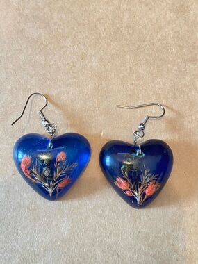 Translucent Blue Resin Heart Dangle
Earrings Real Pressed Flowers Boho